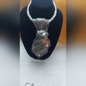 Silk Striped Green Brown Necktie Scarf with Pearl Accent